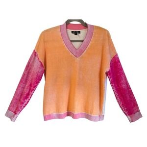 Charlie B Womens Artsy Chic V-Neck Cotton Sweater Pink Orange Colorblock P/S